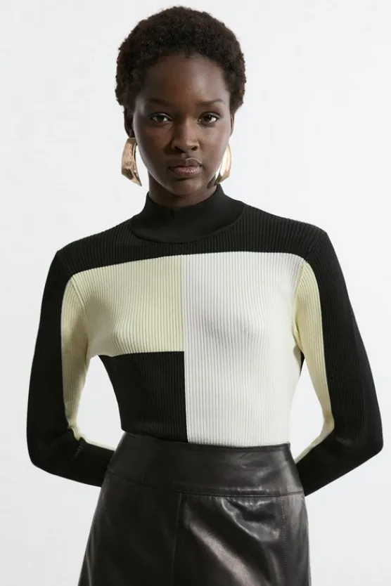 Karen Millen Slinky Rib Knit Color Block Top softlime New