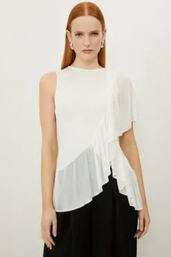 Karen Millen Slinky Viscose Blend Knit Mix Ruffle Top cream Discount