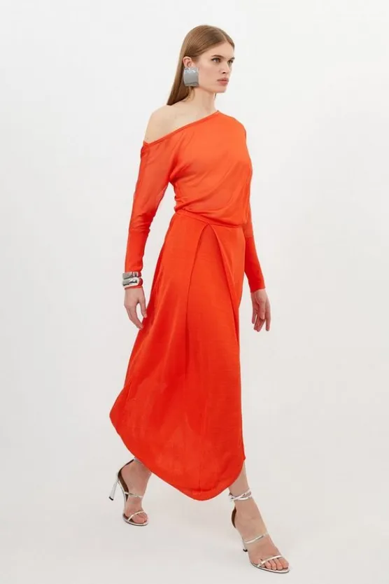 Karen Millen Slinky Viscose Blend Off Shoulder Asymmetric Midaxi Dress tomato New
