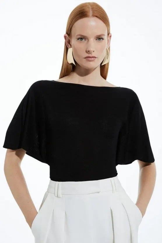 Karen Millen Slinky Viscose Flutter Sleeve Knit Top black Discount