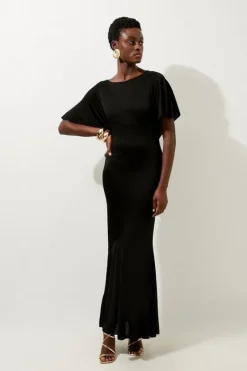 Karen Millen Slinky Viscose Knit Flutter Sleeve Maxi Dress black Clearance