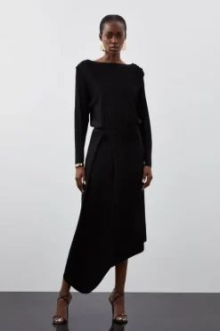 Karen Millen Slinky Viscose Knit Round Sleeve Midaxi Dress black Online