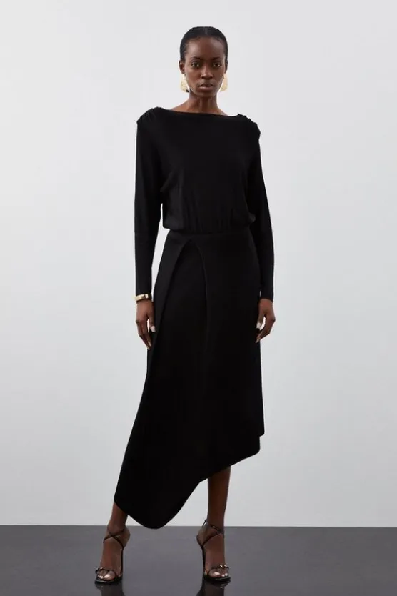 Karen Millen Slinky Viscose Knit Round Sleeve Midaxi Dress black Online