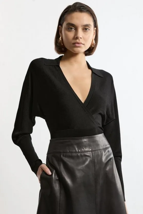 Karen Millen Slinky Viscose Wrap Collared Knit Top black Outlet
