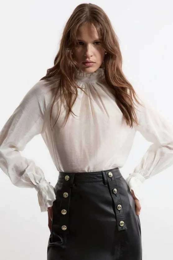 Karen Millen Slub Organdie Frill Detail Collar And Cuff Woven Blouse ivory Outlet