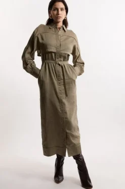 Karen Millen Slub Organdie Woven Utility Midi Dress With Button Sleeve Detail khaki Best