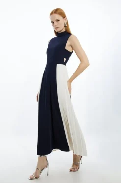 Karen Millen Soft Tailored Color Block Pleated Panel Midaxi Dress navy Hot