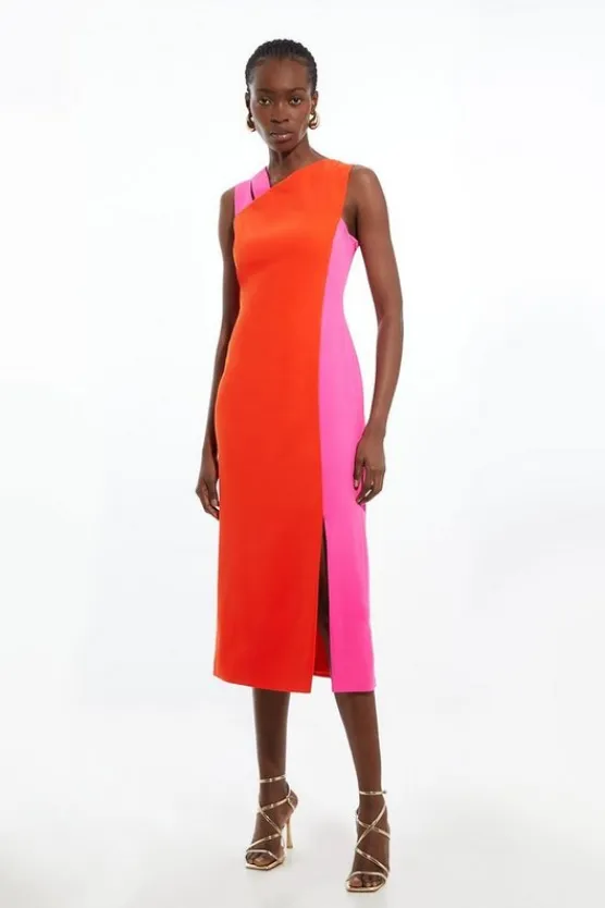 Karen Millen Soft Tailo Color Block Split Strap Midi Dress red Fashion