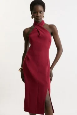 Karen Millen Soft Tailored Color Block Tailored Halter Neck Midi Dress merlot Fashion