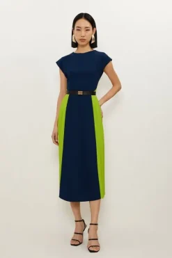 Karen Millen Soft Tailored Contrast Pleated Panel Skirt Midi Dress navy Outlet