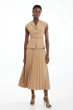Karen Millen Soft Tailored Crepe Belted Pleated Midi Dress camel Fashion