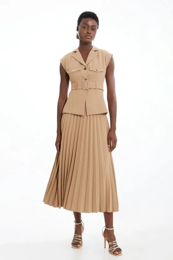 Karen Millen Soft Tailored Crepe Belted Pleated Midi Dress camel Fashion