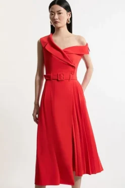 Karen Millen Soft Tailo Crepe One Shoulder Belted Pleated Midi Dress red Fashion