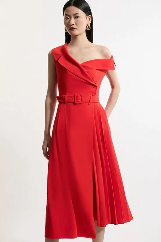 Karen Millen Soft Tailo Crepe One Shoulder Belted Pleated Midi Dress red Fashion