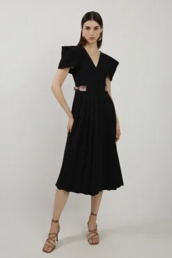 Karen Millen Soft Tailored Crepe Tab Detail Pleated Midi Dress black Clearance