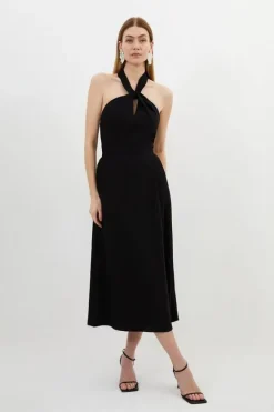 Karen Millen Soft Tailored Halter Tie Neck Pleat Detail Midi Dress black Sale