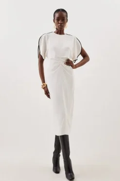 Karen Millen Soft Tailored Ruched Front Contrast Tipped Detail Midi Dress ivory Clearance