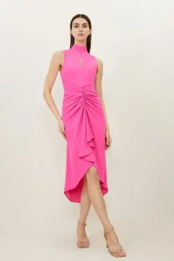 Karen Millen Soft Tailored Ruched Front High Neck Midi Dress pink Clearance