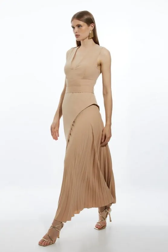 Karen Millen Soft Tailored Side Pleated Midi Dress camel Sale