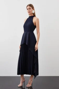 Karen Millen Soft Tailored Waterfall Hem High Neck Midi Dress navy Best