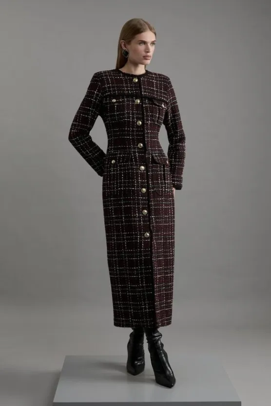 Karen Millen Sparkle Boucle Check Tailored Sleeved Maxi Dress merlot New