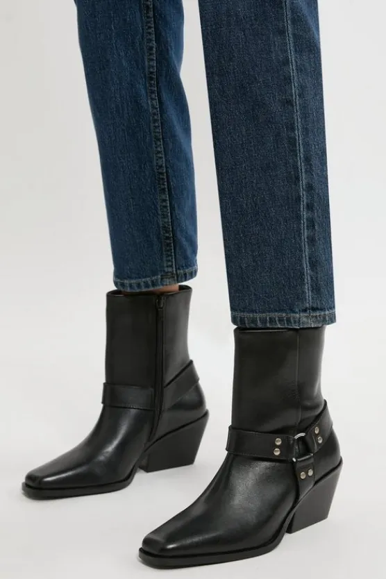 Karen Millen Square Toe Leather Cowboy Heeled Ankle Boot black Outlet