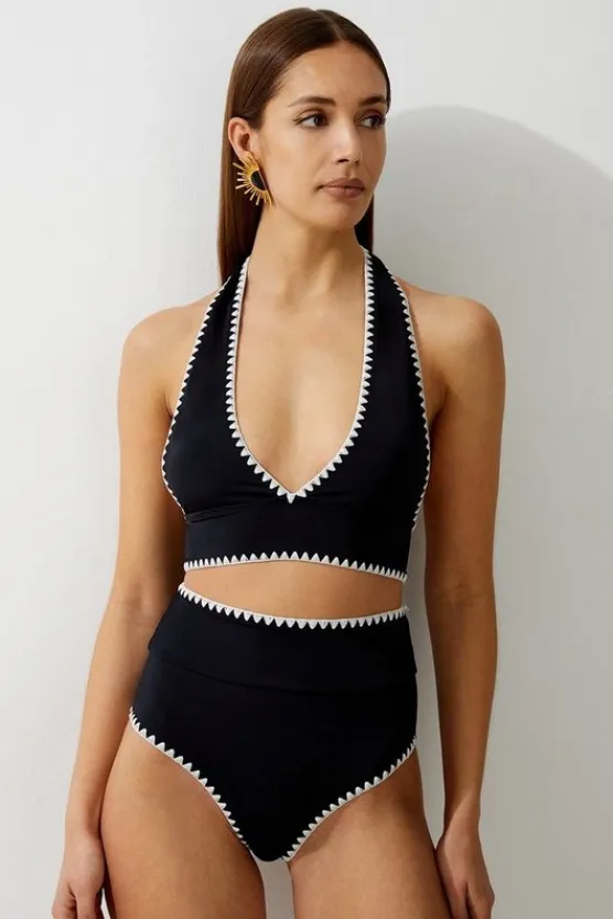 Karen Millen Stitch Detail Plunge Bikini Top black Outlet