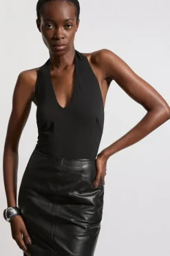 Karen Millen Stretch Cotton Jersey Halter Jersey Bodysuit black Online