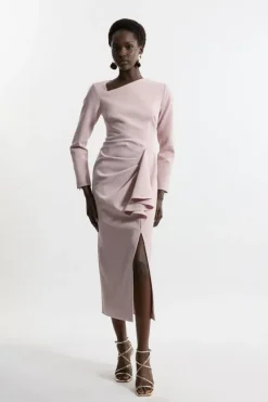 Karen Millen Stretch Crepe Asymmetric Neck Ruffle Drape Midi Dress mink Fashion