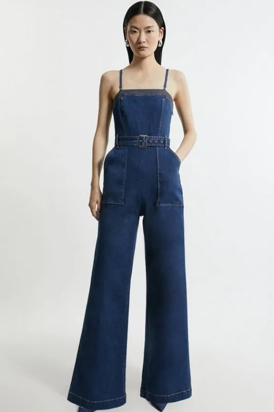 Karen Millen Stretch Denim Bandeau Belted Wide Leg Jumpsuit indigo Discount