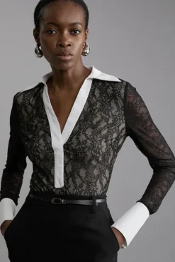 Karen Millen Stretch Lace And Contrast Collar Bodysuit black Online