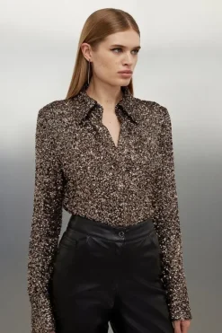 Karen Millen Stretch Sequin Collar Long Sleeve Shirt gold Discount
