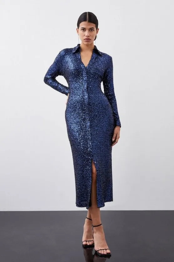 Karen Millen Stretch Sequin Collar Plunge Midaxi Dress navy New