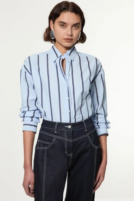 Karen Millen Stripe Cotton Oversize Tailored Essential Shirt paleblue Fashion