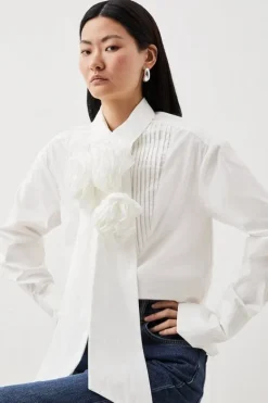 Karen Millen Striped Cotton Woven Shirt With Rosette white Outlet