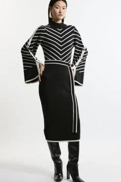 Karen Millen Striped Viscose Blend Knit Belted Midi Dress mono New