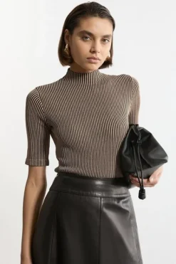 Karen Millen Stripe Funnel Neck Short Sleeve Knit Tee camel Fashion