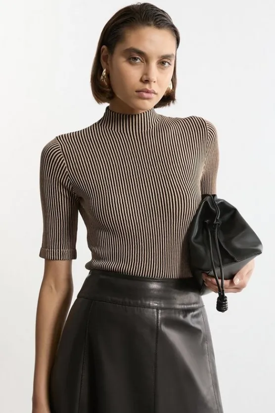 Karen Millen Stripe Funnel Neck Short Sleeve Knit Tee camel Fashion
