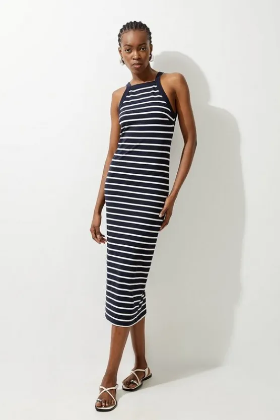Karen Millen Stripe Stretch Cotton Jersey Halter Midi Dress navy Online