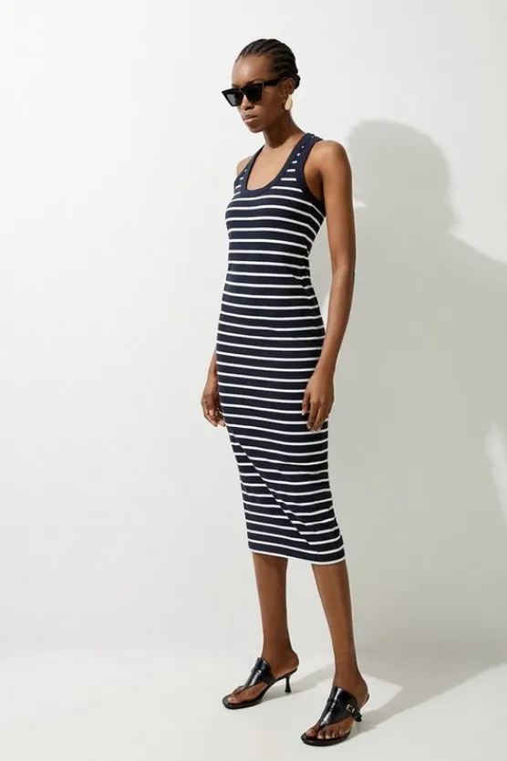 Karen Millen Stripe Stretch Cotton Jersey Racer Back Midi Dress navy Best