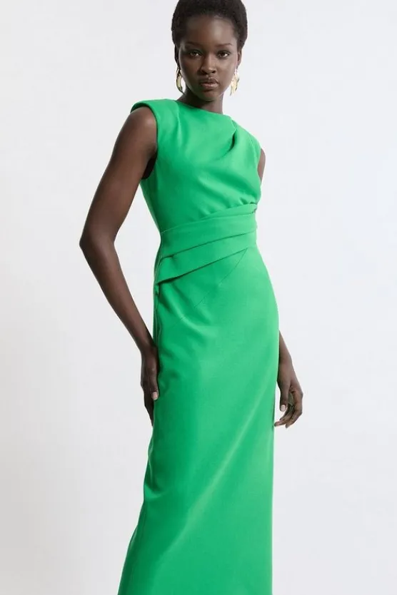 Karen Millen Structured Crepe Asymmetric Drape Waist Tailored Midi Dress brightgreen Sale