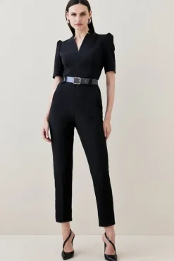 Karen Millen Structured Crepe Forever Belted Jumpsuit black Fashion