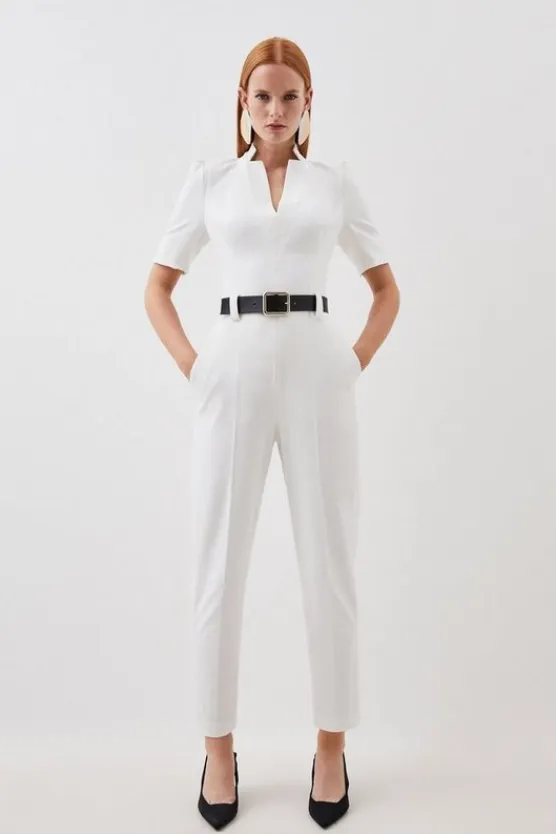 Karen Millen Structured Crepe Forever Belted Jumpsuit ivory Sale
