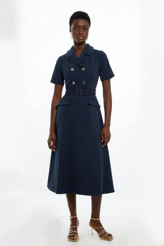 Karen Millen Structured Crepe Full Skirted Maxi Tailored Shirt Dress navy Best