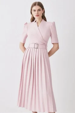 Karen Millen Structured Crepe Notch Neck Wrap Belted Forever Midi Dress blush Hot