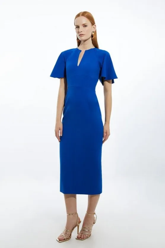 Karen Millen Structured Crepe Ruffle Sleeve Tailored Midi Pencil Dress cobalt New