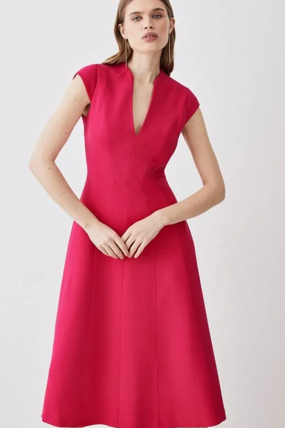 Karen Millen Structured Crepe Seam Detail High Neck Full Skirt Midi Dress fuchsia Sale