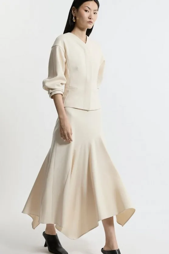 Karen Millen Structured Crepe Tailored Asymmetric Drape Midi Skirt neutral Sale