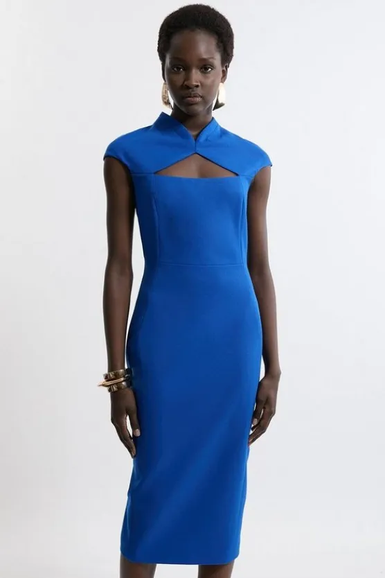 Karen Millen Structured Crepe Tailored Cape Pencil Midi Dress cobalt Best