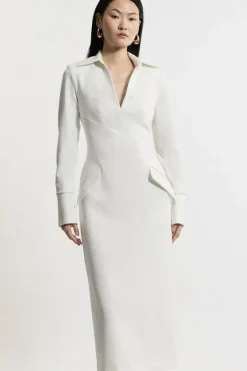 Karen Millen Structured Crepe Tailored Collared Pencil Maxi Dress ivory Fashion